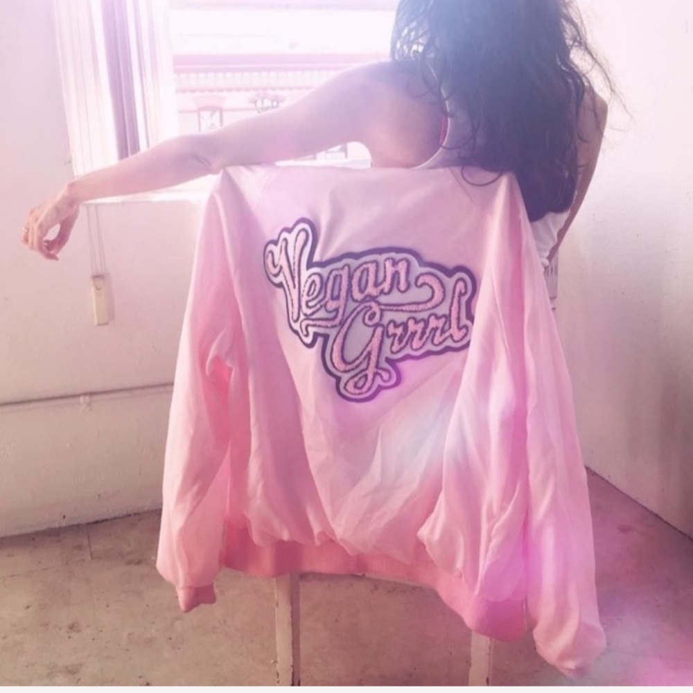 🌸COMING SOON🌸 VEGAN GRRRL PINK LETTERMAN JACKET - Picture 2 of 5